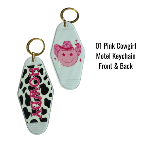 Retro 70s western motel keychains in pink, black, and white – cowgirl accessories with rodeo vibes and fun double-sided designs.