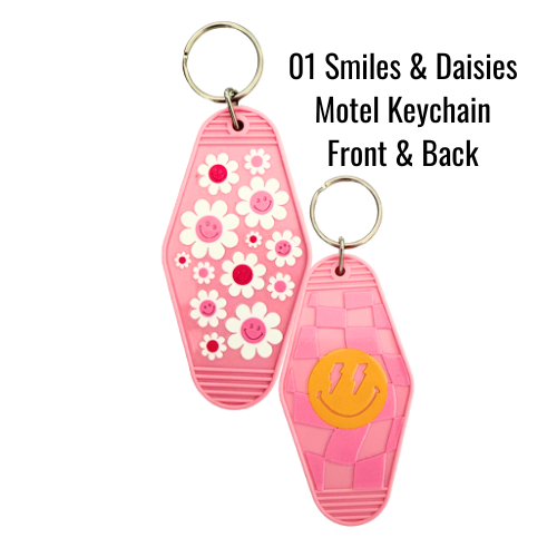 Double-sided pink retro keychain with smiley faces, daisies, and disco ball design – fun, aesthetic accessory for keys or bags.