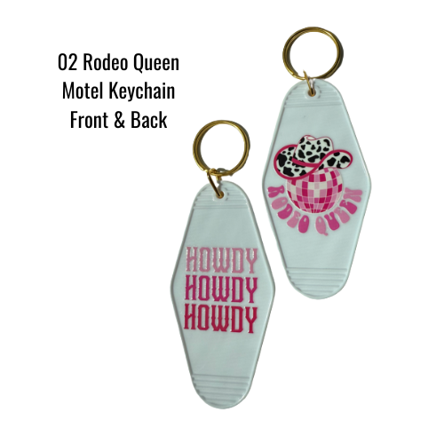 Retro 70s western motel keychains in pink, black, and white – cowgirl accessories with rodeo vibes and fun double-sided designs.