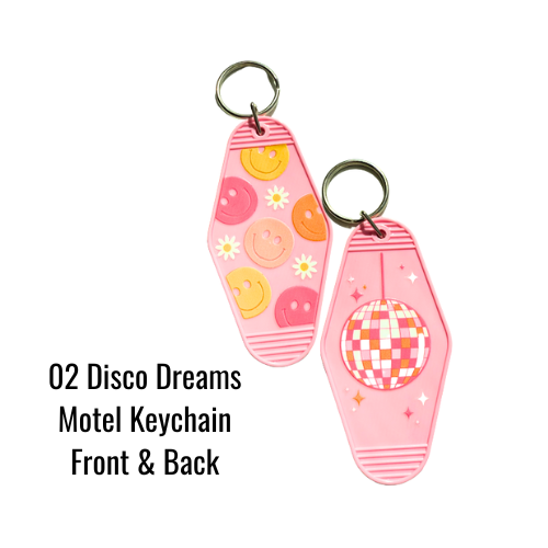Double-sided pink retro keychain with smiley faces, daisies, and disco ball design – fun, aesthetic accessory for keys or bags.