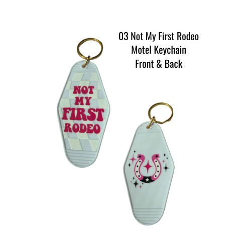 Retro 70s western motel keychains in pink, black, and white – cowgirl accessories with rodeo vibes and fun double-sided designs.