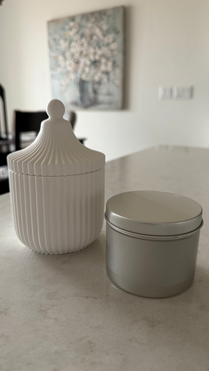Handmade Carousel Ridged Candle Jar with refillable 8oz soy wax candle. Paraben-free, phthalate-free, marbled design. Eco-friendly & sustainable.