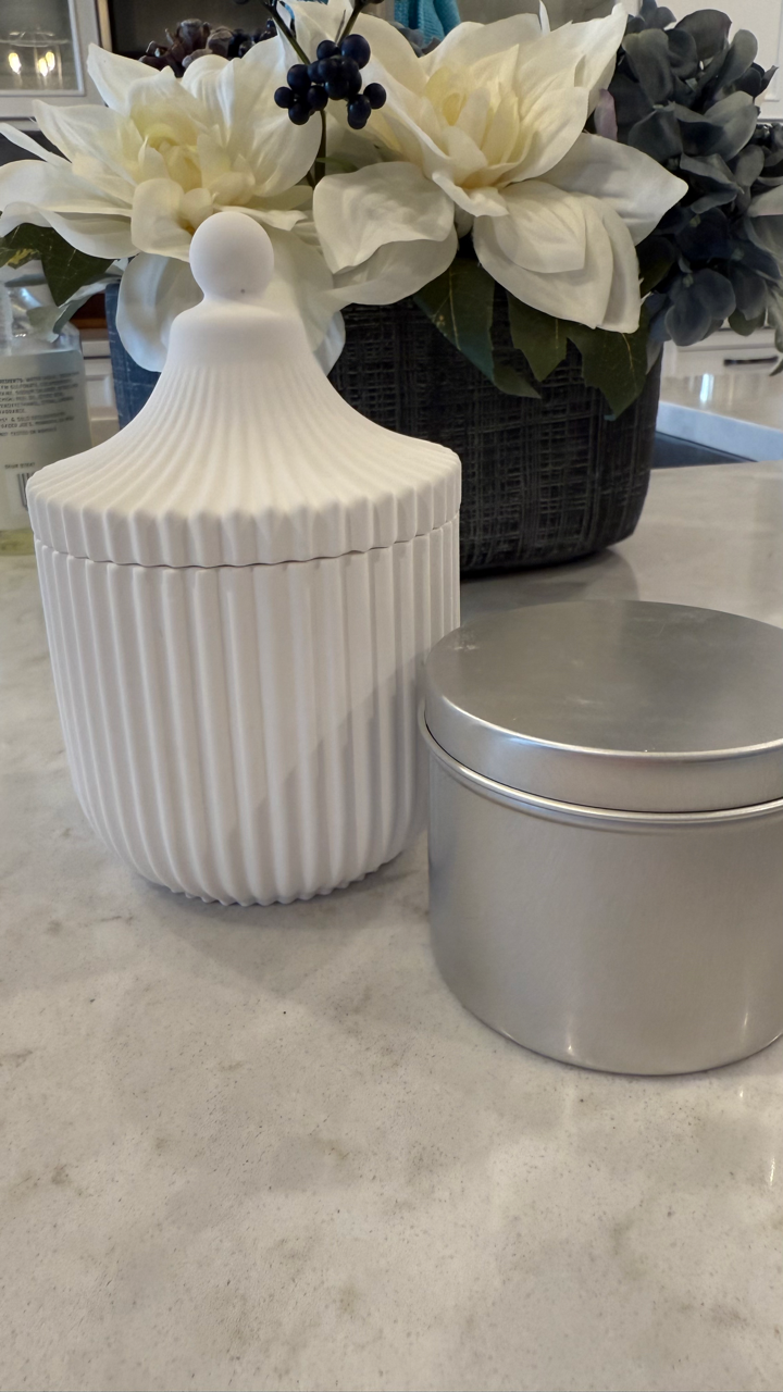 Handmade Carousel Ridged Candle Jar with refillable 8oz soy wax candle. Paraben-free, phthalate-free, marbled design. Eco-friendly & sustainable.