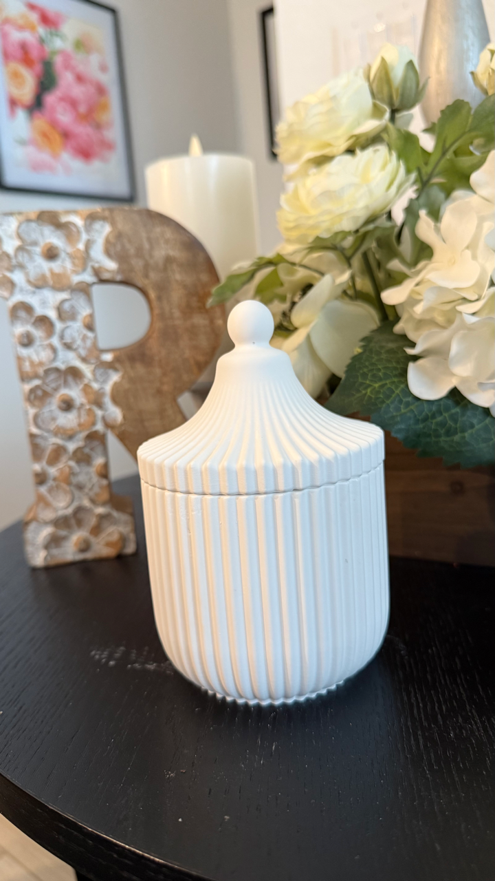 Handmade Carousel Ridged Candle Jar with refillable 8oz soy wax candle. Paraben-free, phthalate-free, marbled design. Eco-friendly & sustainable.