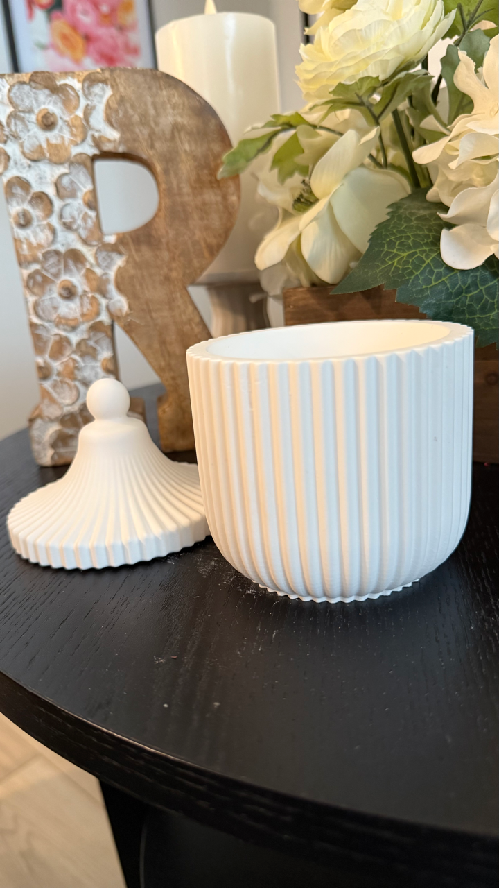 Handmade Carousel Ridged Candle Jar with refillable 8oz soy wax candle. Paraben-free, phthalate-free, marbled design. Eco-friendly & sustainable.