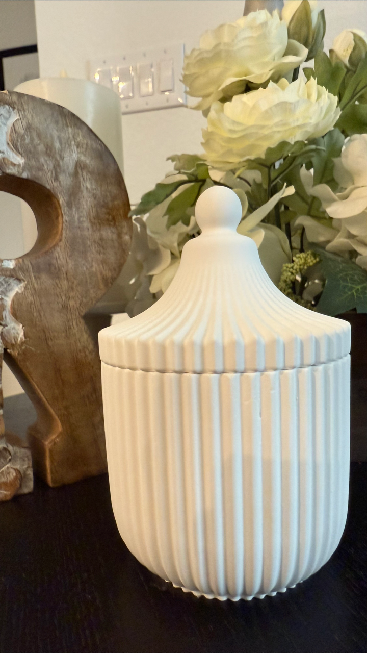 Handmade Carousel Ridged Candle Jar with refillable 8oz soy wax candle. Paraben-free, phthalate-free, marbled design. Eco-friendly & sustainable.