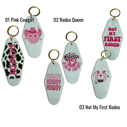 Retro 70s western motel keychains in pink, black, and white – cowgirl accessories with rodeo vibes and fun double-sided designs.