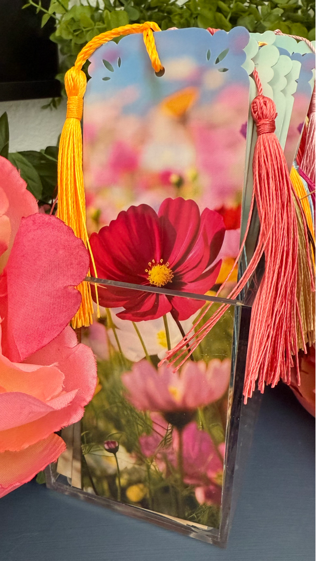 Handmade floral bookmark with tassel, featuring Ephesians 3:20 Bible verse on the back. Perfect for gifts and daily inspiration. 6"x2".