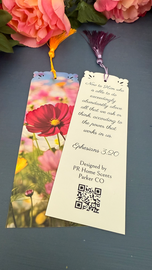 Handmade floral bookmark with tassel, featuring Ephesians 3:20 Bible verse on the back. Perfect for gifts and daily inspiration. 6"x2".