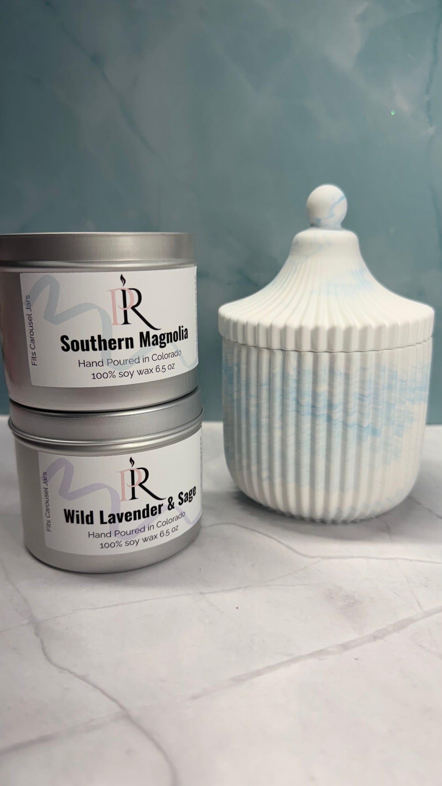 Carousel Ridged Candle Jar w/handmade refillable 6.5 oz soy wax candle - clean scent - eco friendly
