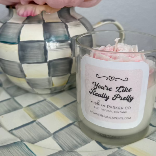 "Like You're Really Pretty" soy wax candle with floral layers of geranium, rose, peony, and magnolia. Hand-poured, non-toxic, eco-friendly.