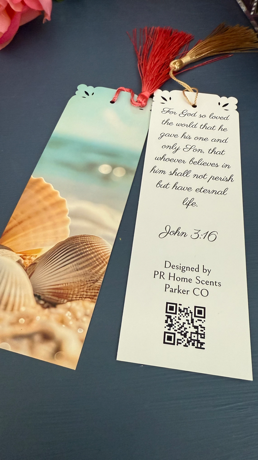 Handmade Sea Shells at the Beach tassel bookmark with John 3:16 Bible verse. Perfect for beach lovers and daily inspiration. 6"x2".