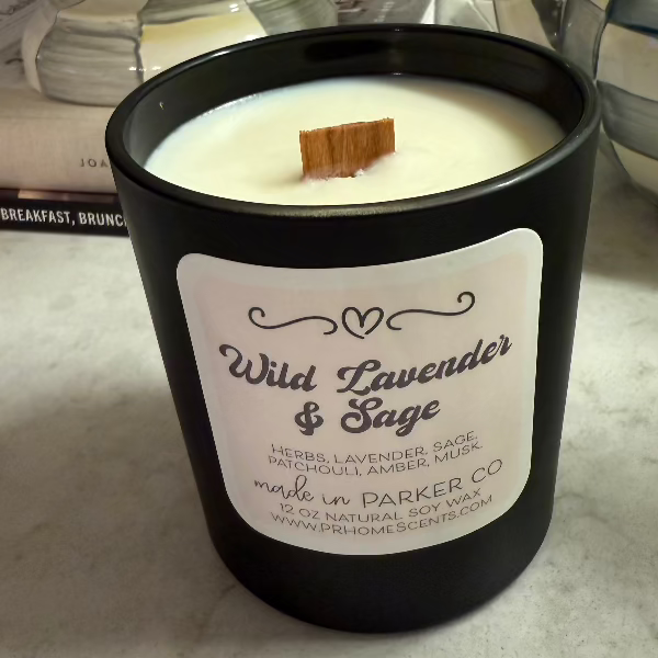 Wild Lavender & Sage soy wax candle with lavender, sage, and earthy notes. Clean, non-toxic, eco-friendly, with a crackling woodwick.
