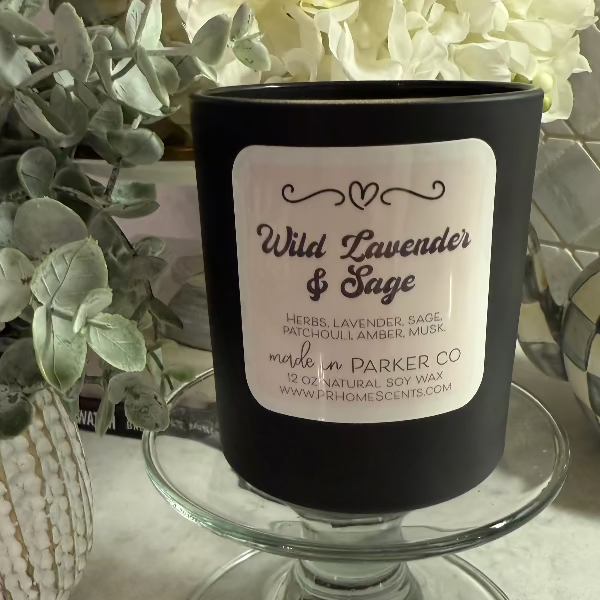 Wild Lavender & Sage soy wax candle with lavender, sage, and earthy notes. Clean, non-toxic, eco-friendly, with a crackling woodwick.