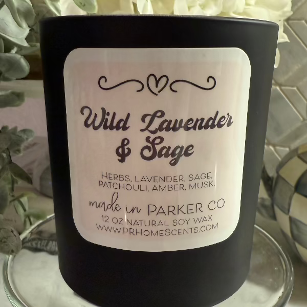 Wild Lavender & Sage soy wax candle with lavender, sage, and earthy notes. Clean, non-toxic, eco-friendly, with a crackling woodwick.