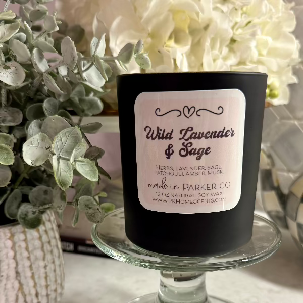 Wild Lavender & Sage soy wax candle with lavender, sage, and earthy notes. Clean, non-toxic, eco-friendly, with a crackling woodwick.