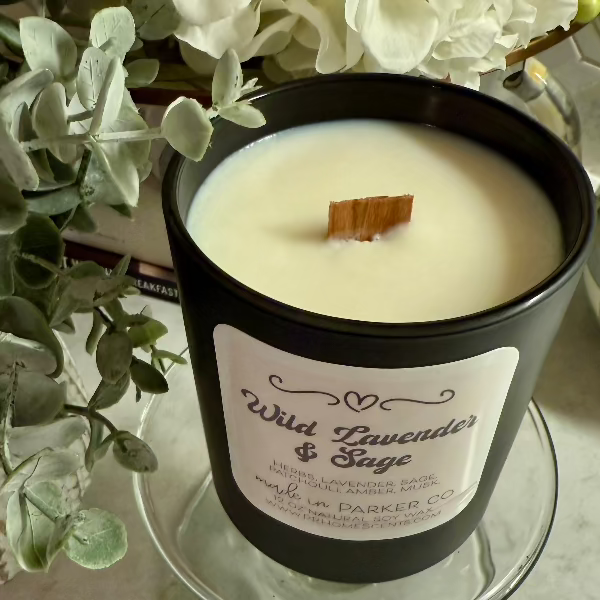Wild Lavender & Sage soy wax candle with lavender, sage, and earthy notes. Clean, non-toxic, eco-friendly, with a crackling woodwick.
