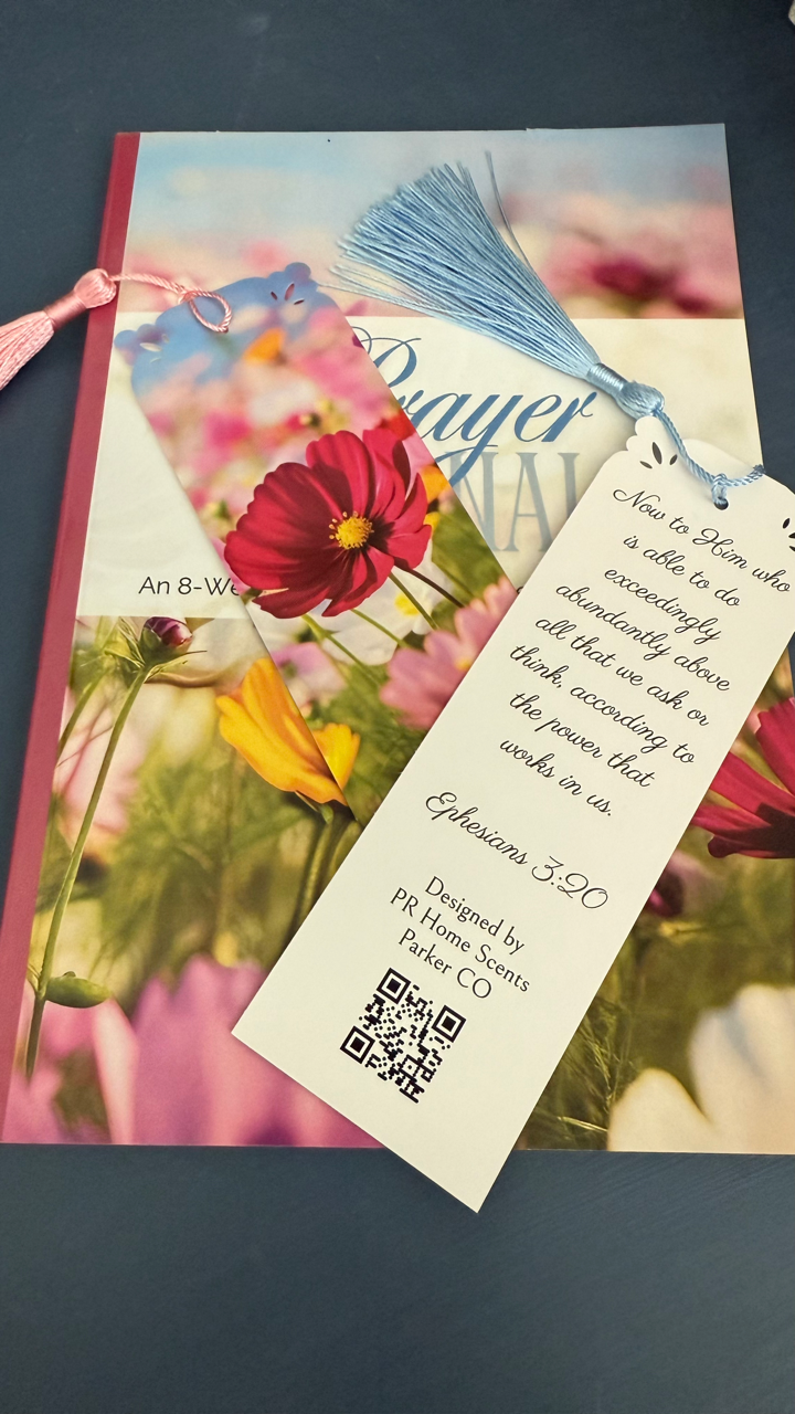 Handmade floral bookmark with tassel, featuring Ephesians 3:20 Bible verse on the back. Perfect for gifts and daily inspiration. 6"x2".