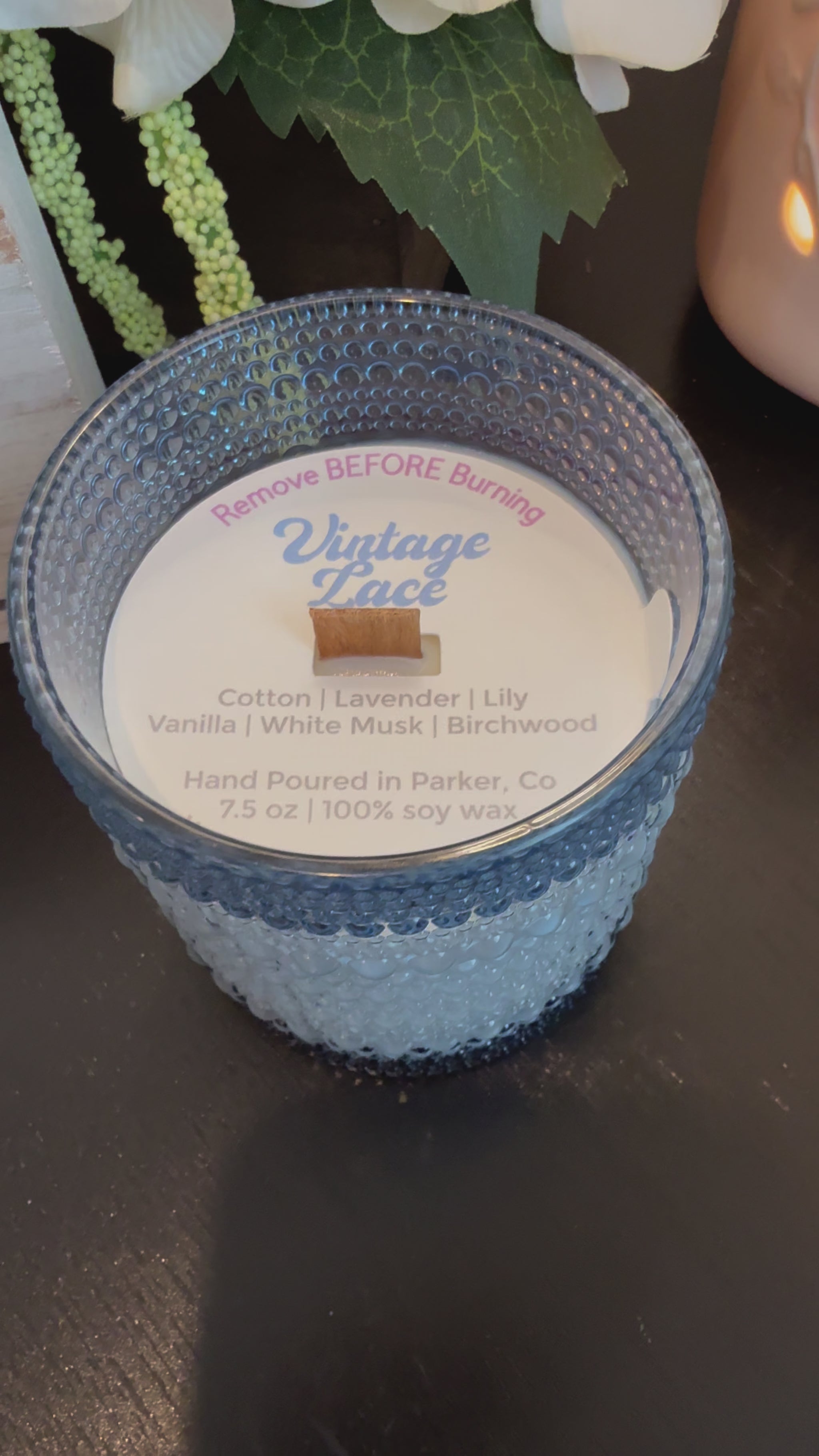 Vintage Lace soy candle with notes of cotton, lavender, lily, vanilla, musk, and birchwood. Clean, phthalate-free, reusable blue bubble jar.