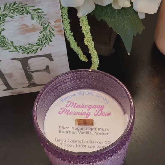 Hand-poured soy candle with notes of plum, sugar, bourbon vanilla, musk, and amber. Phthalate-free, reusable vintage bubble jar. Made in Colorado.