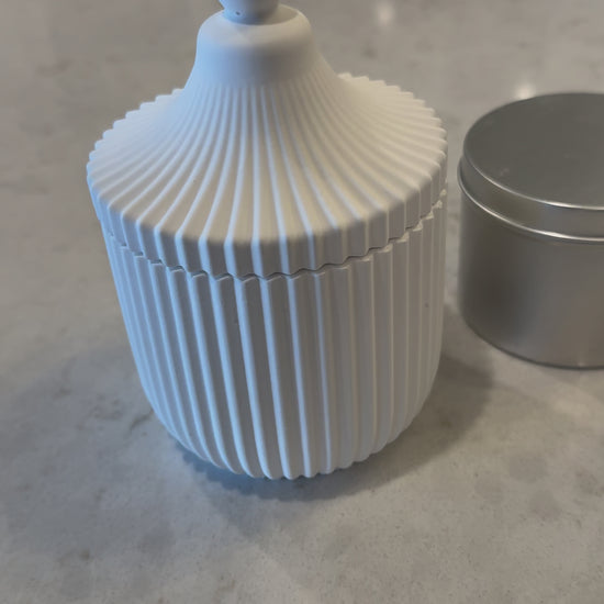 Handmade Carousel Ridged Candle Jar with refillable 8oz soy wax candle. Paraben-free, phthalate-free, marbled design. Eco-friendly & sustainable.