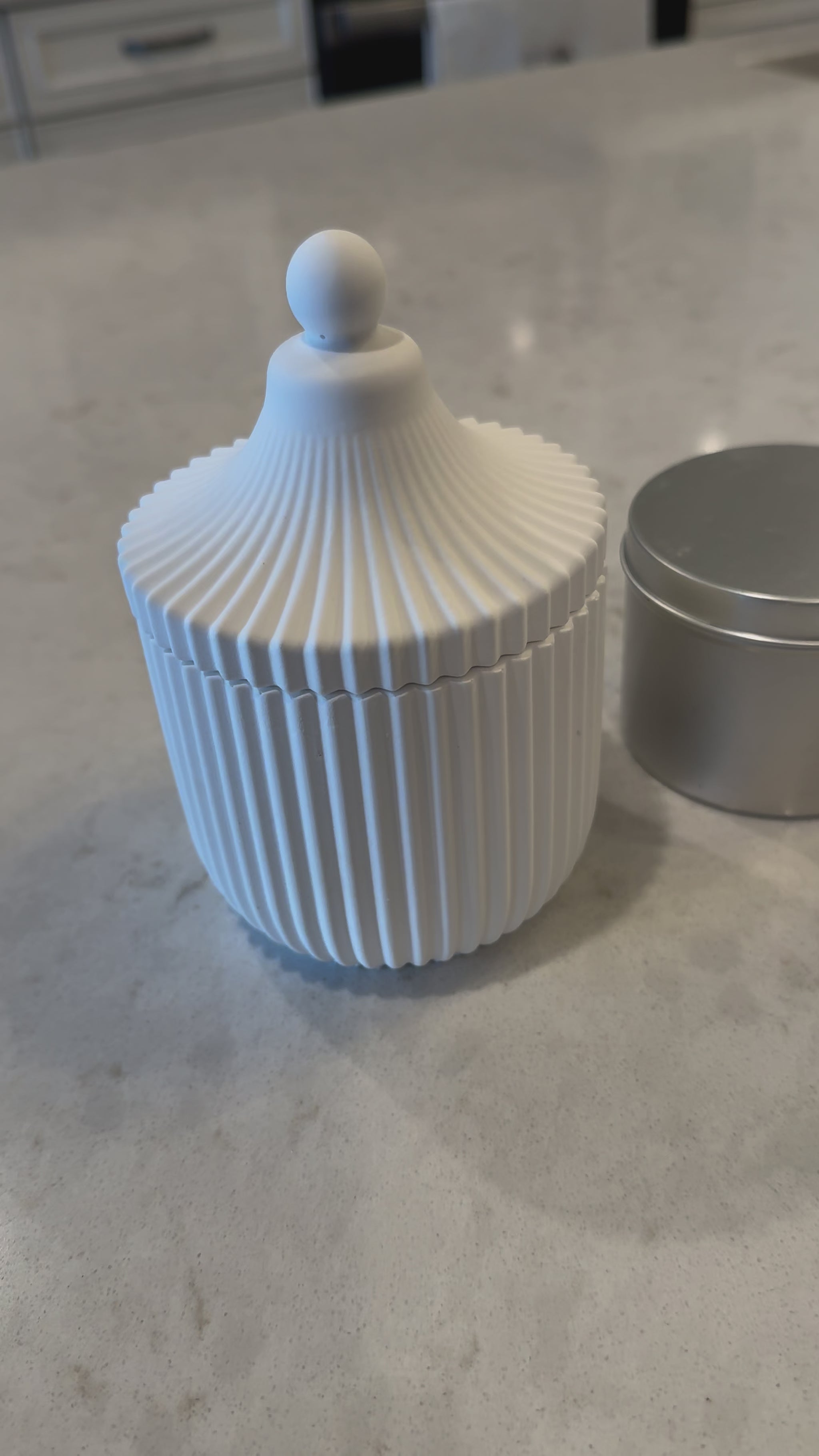 Handmade Carousel Ridged Candle Jar with refillable 8oz soy wax candle. Paraben-free, phthalate-free, marbled design. Eco-friendly & sustainable.